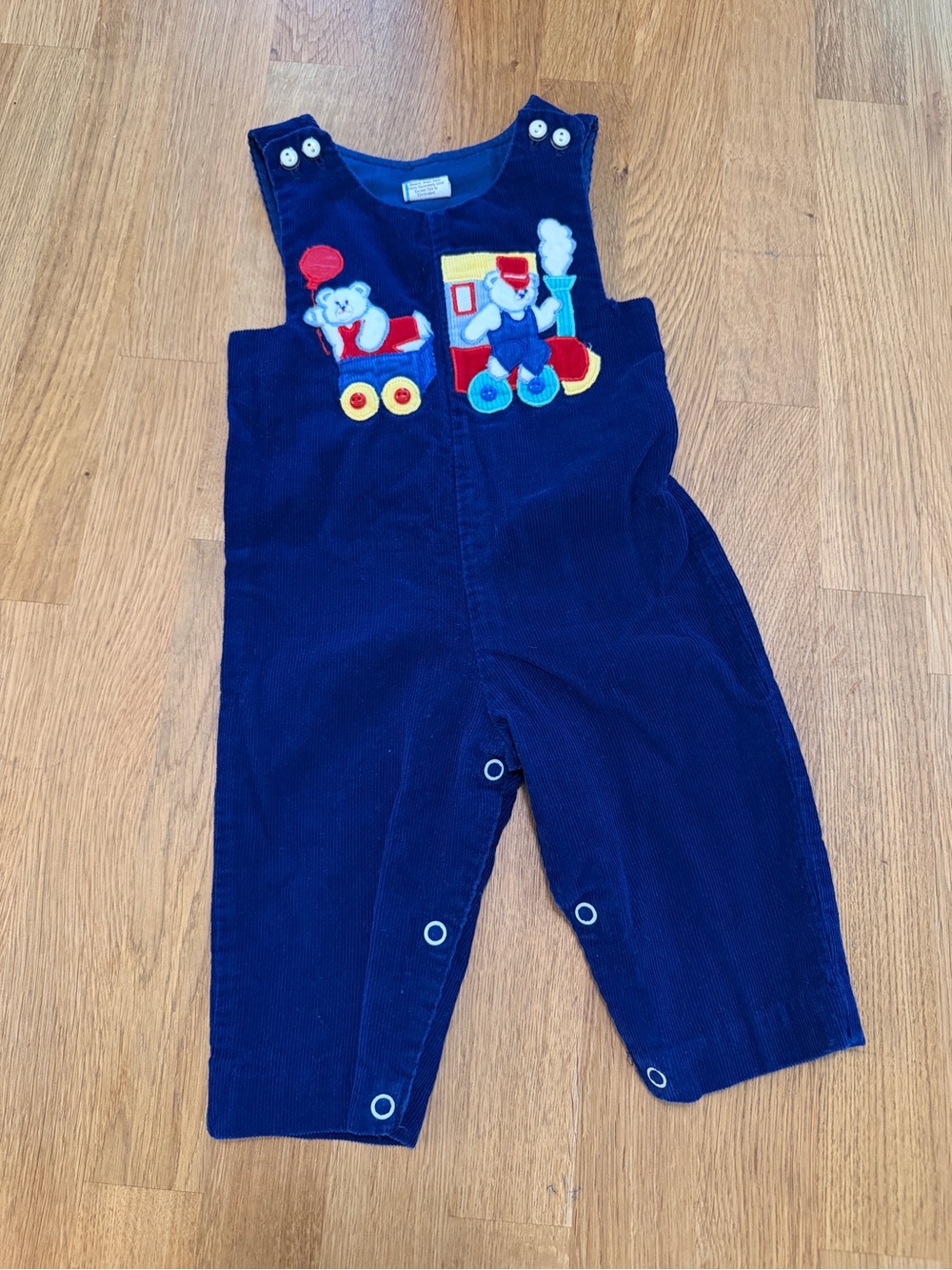 Vintage Baby Togs 6-9 MONTHS Blue embroidered Corduroy Bear Train Jumpsuit